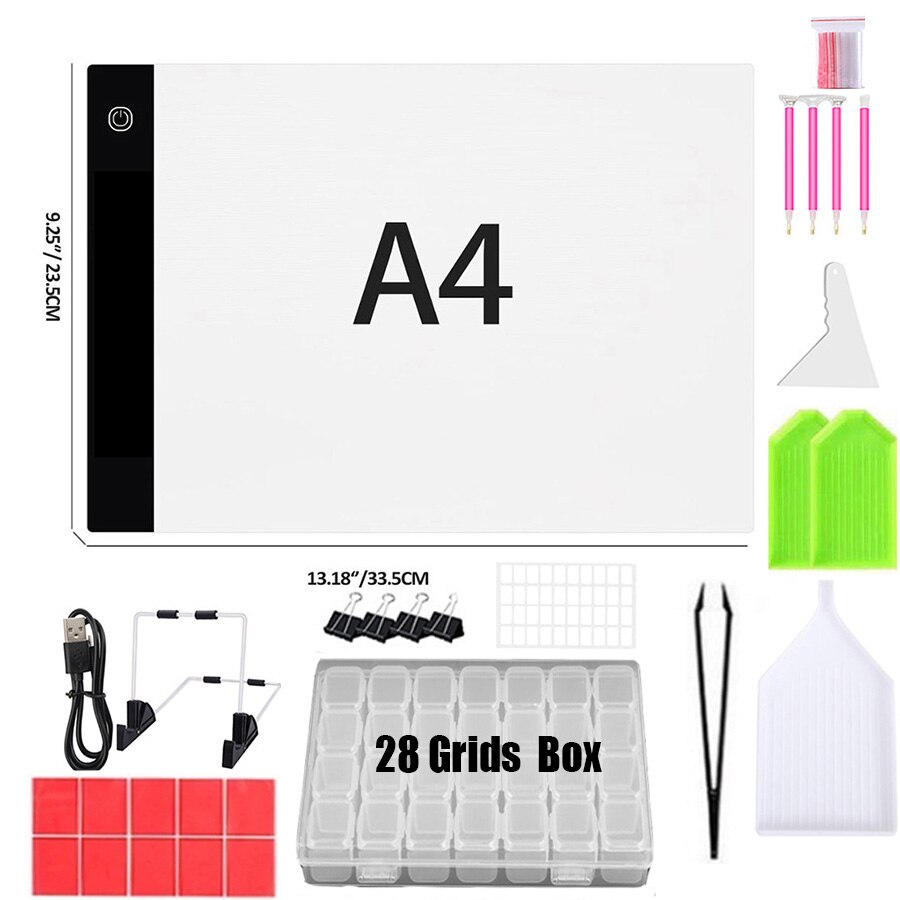 A4 Size Three Level Dimmable Led Light Pad,Tablet Eye Protection Easier For Diamond Painting Embroidery Accessories Storage Box: A4 Sets And 28 Grids