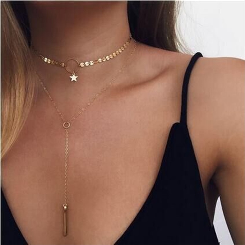 LETAPI Vintage Multilayer Crystal Hanger Ketting Vrouwen Goud Kleur Kralen Moon Star Hoorn Crescent Choker Kettingen Sieraden