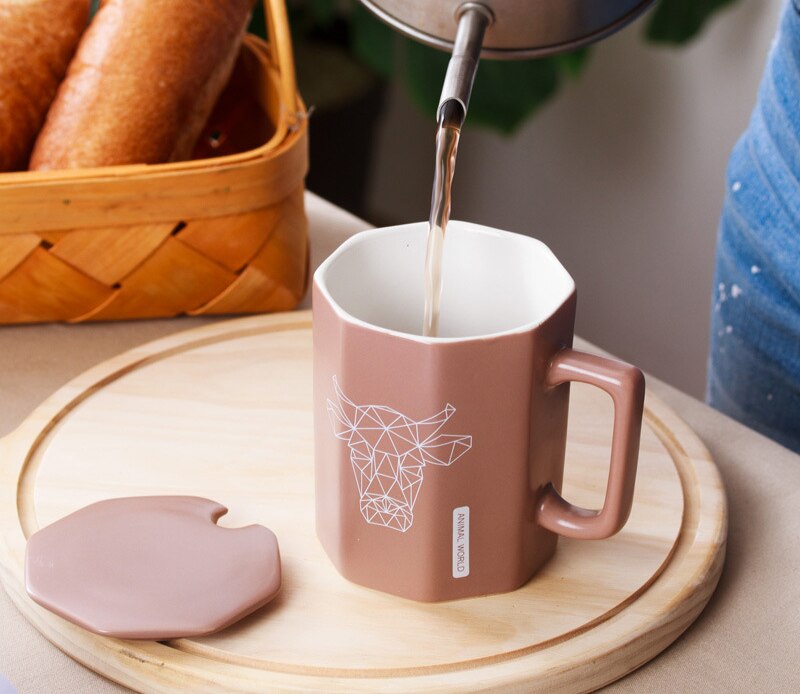 Unique Polygonal ceramic Mug with lid spoon,Male female office mugs couple cups Cartoon cute tea mug Drinkware cup