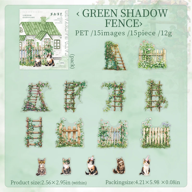 Paquet de 15 autocollants en PET chat violet dans l'arrière-cour, fournitures de clôture, aménagement paysager, clôture solaire chaude, papeterie Scrapbook 152x107mm: Gris clair