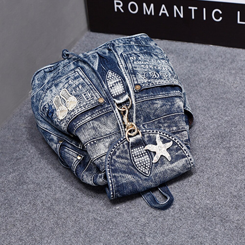 Neue Koreanische Denim Tasche Denim Diamant lässig Rucksack Straße Persönlichkeit Trend Damen Einfarbig Kordelzug Rucksäcke