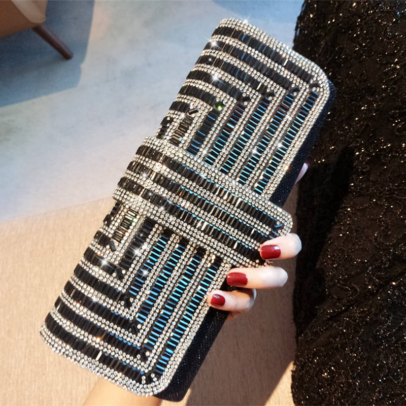 Fabrik direkte salg pind diamant tre rabat middagstaske hånd armhule kæde bryllupsfest krystal aften clutch taske: Sort