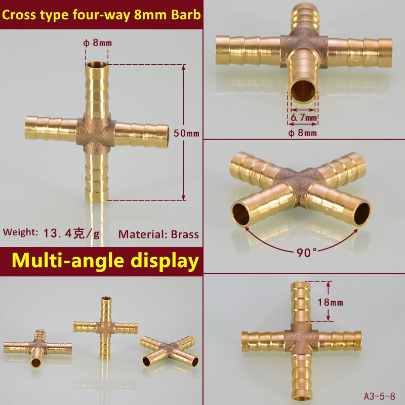 Cross Shaped Brass Pipe Fitting 4 Way 4mm 6mm 8mm 10mm 12mm Hose Barb Connector Joint Copper Barbed Coupler Adapter Coupling: 8mm