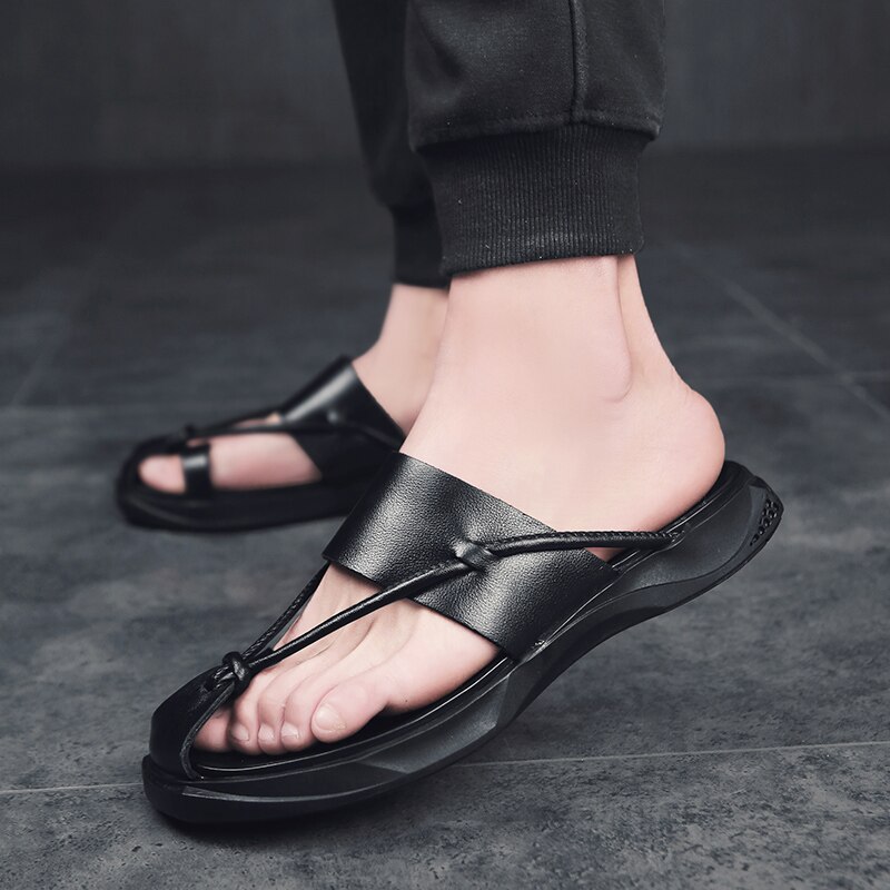 Herr läder tofflor sandaler split läder herr strandskor slip on flip flops herr fritidsskor sommar skor