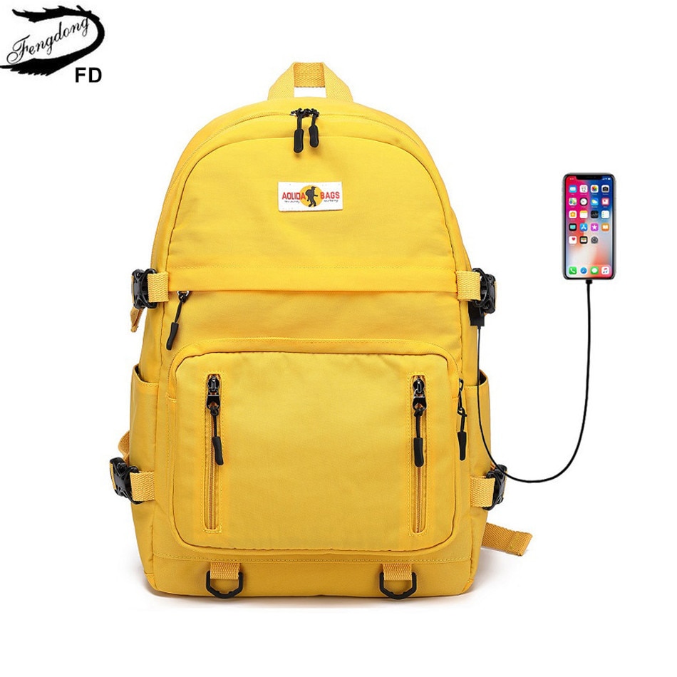 Fengdong-mochila escolar grande para adolescentes, morral impermeable de color amarillo y negro con puerto usb, bolsa para libros
