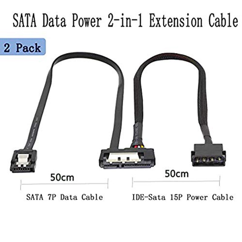 2 Pcs SATA 6G Data Cable, SATA Power 2-In-1 Extension Cord,LP4 IDE to SATA 15P Female with Serial ATA III 7 Pin Female