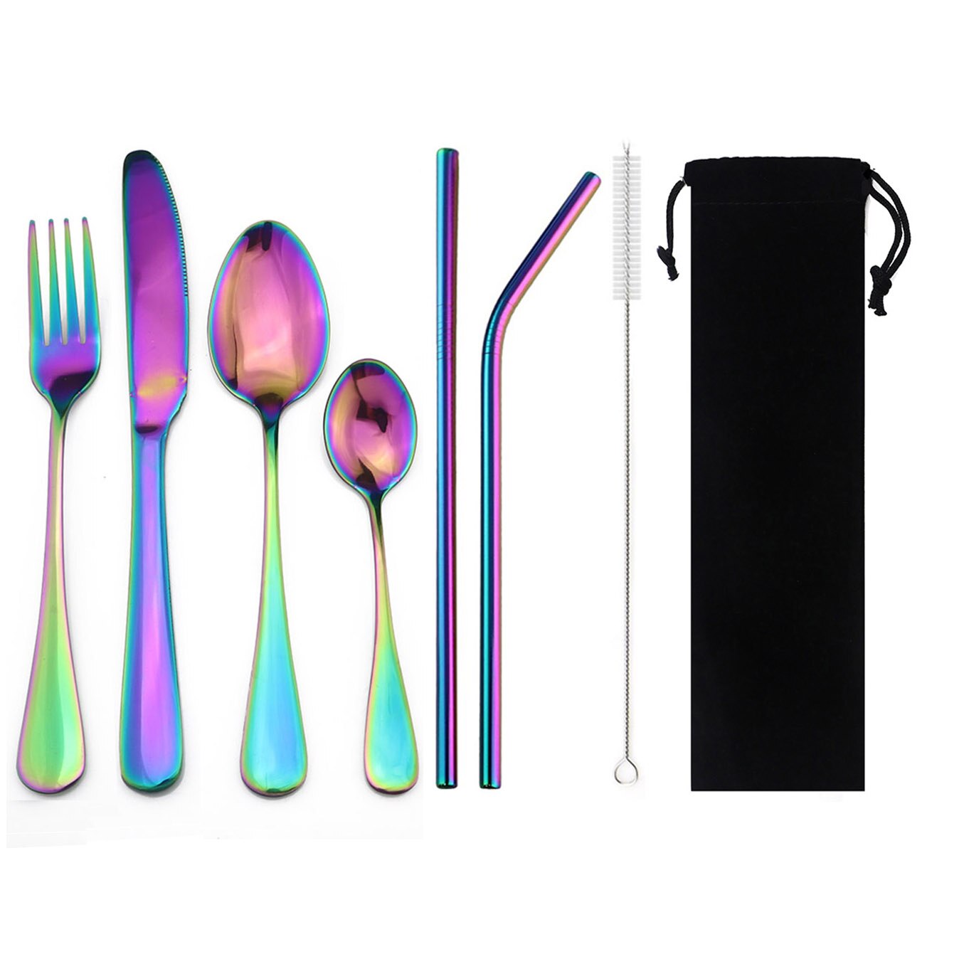 8 st/set återanvändbar regnbåge bärbar bestickset i rostfritt stål matservis bestickset knivgaffel med väska med halmstrå: Regnbåge f