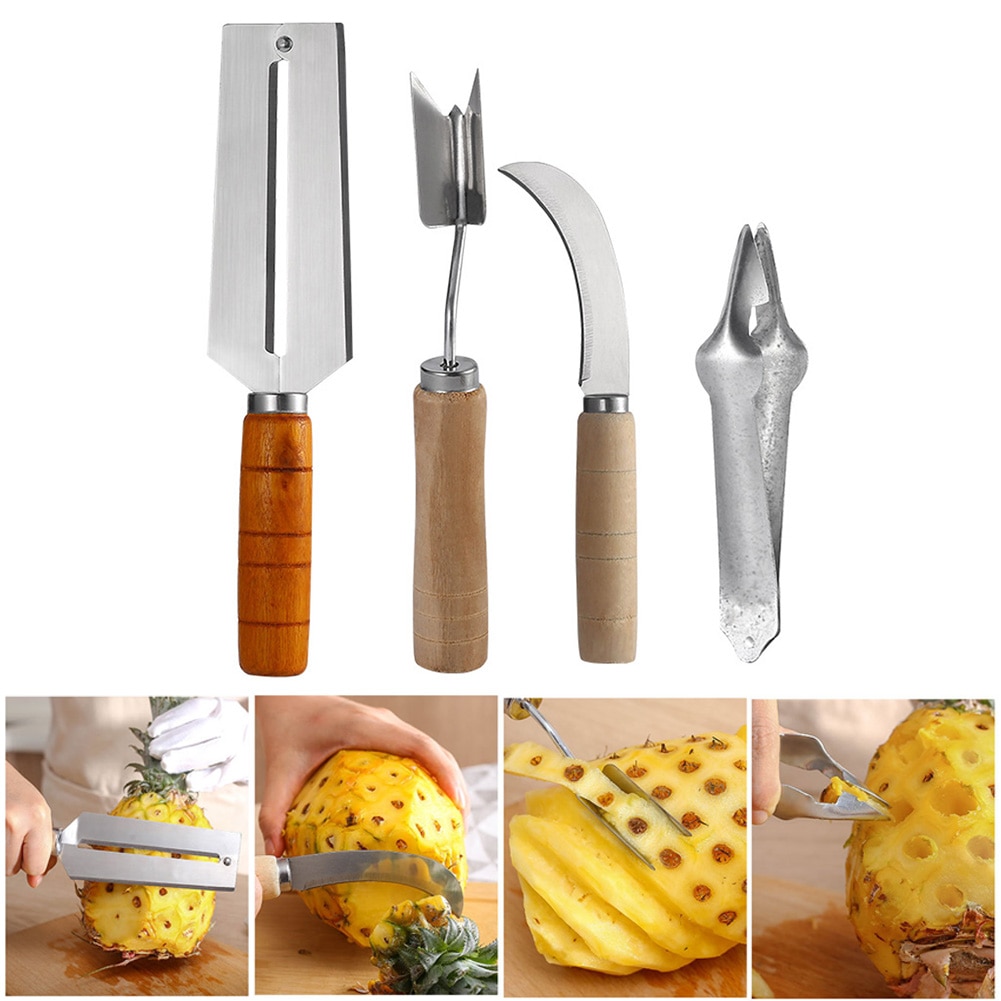 4 stuks roestvrijstalen ananasschiller, ontpitter, suikerriet ananasmes, snijder, ontpitter, clip, fruitsalade-gereedschap