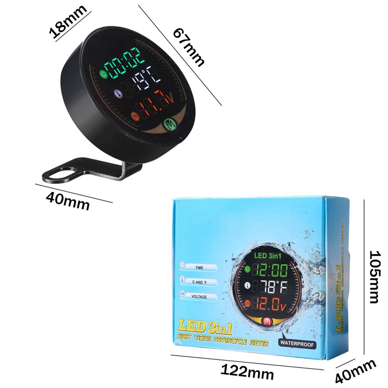 Led 3-In-1 Night-Vision Motorcycle Meter Automobile and Motorcycle General Purpose Time Temperature and Voltage Display Table