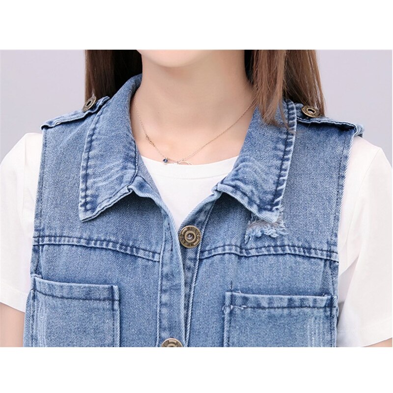 Gilets en Denim pour femmes printemps été déchiré Long trou jean gilet Femme sans manches décontracté veste d'extérieur