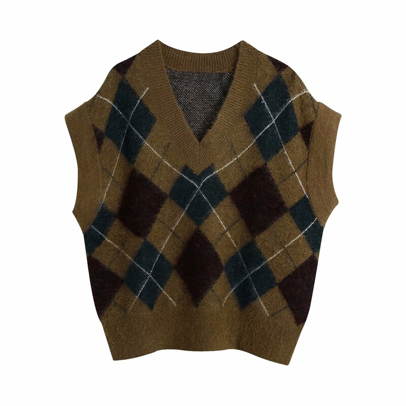 Argyle pull gilet femme sans manches surdimensionné doux pull tricoté femme chandails Chic automne femmes pull vêtements: S