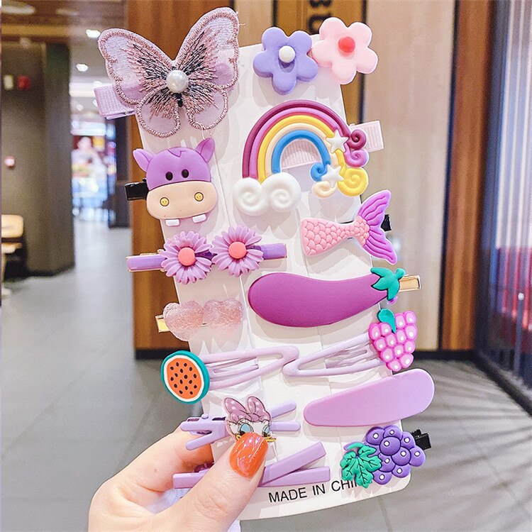 14 unids/caja niños dulce lindo de dibujos animados de seguridad adorno para el cabello Clips chicas bebé bandas para el cabello de los niños horquillas accesorios para el cabello: 14PC Purple2 Headwea