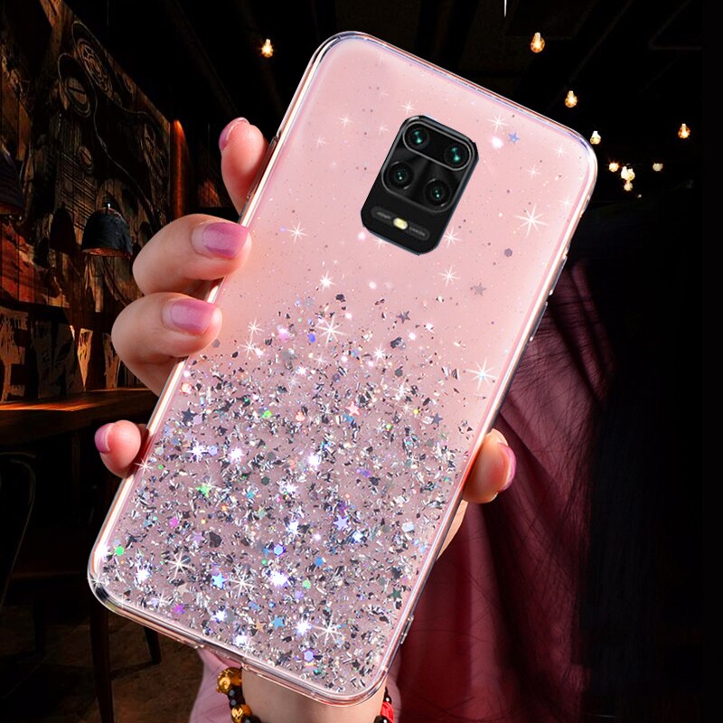 Funda transparente con purpurina para Xiaomi Redmi Note 9 S 9 S, funda trasera suave y brillante con lentejuelas para Redmi Note 9 Pro: For Redmi Note 9 / Rosa