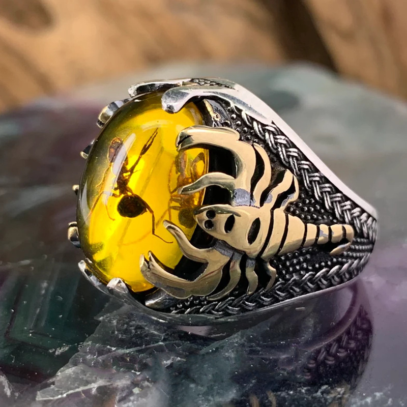 Vintage Grote Ovale Natuurlijke Agaat Ringen Heren Vintage Ingelegd Geel Amber Mier Ringen Voor Bruiloft Sieraden: 13 / WHITE