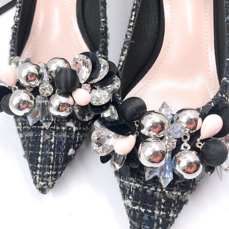Zapatos de novia perla brillante, accesorios de de boda, zapatos planos de tacón alto, zapatillas, adornos de diamantes de imitación para zapatos, flores