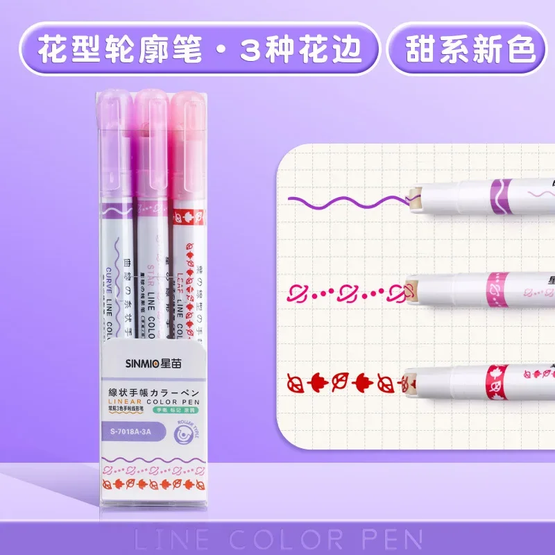 3/6 stks/set Kawaii Bloemen Lijnvormige Markeerstiften Roller Tip Curve Liner Marker voor Schrijven Journaling Tekening briefpapier: YELLOW