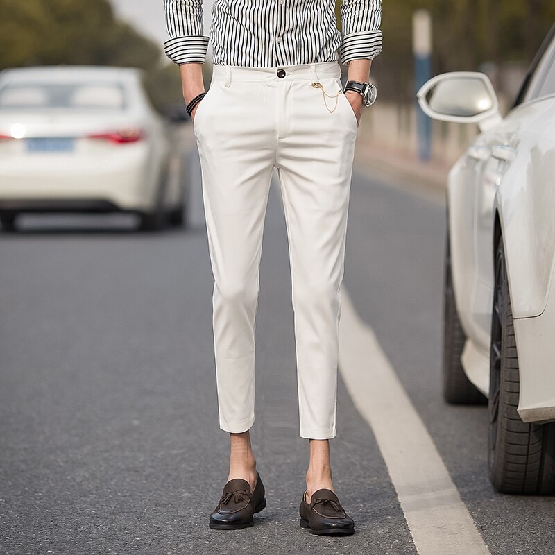 Kostymbyxor för män slim fit rutiga herrbyxor sommar tunna kalvlånga byxor manligt kontor svart vit pennbyxa
