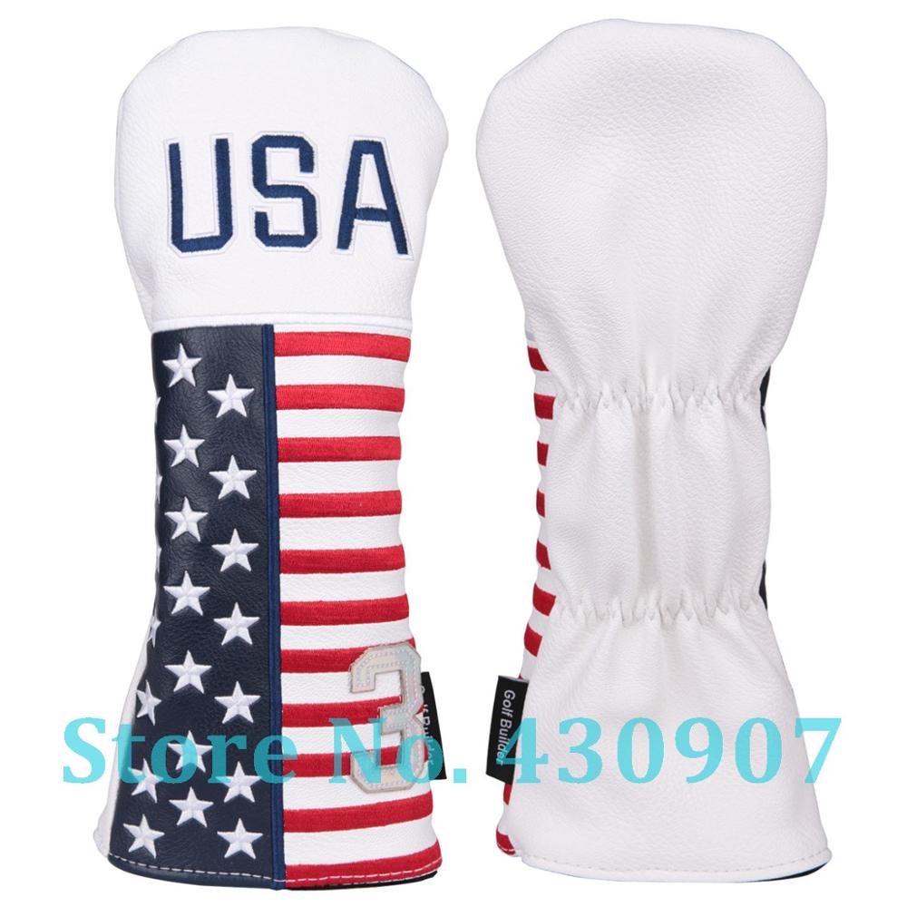 White PU Leather with USA Embroidery and 1/3/5/X Golf Club Driver Fairway Wood Hybrid Head Cover Golf Wood Headcover