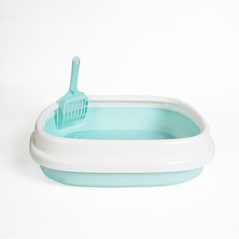 Caja de arena para gatos, sanitario para mascotas, con protección anti-salpicaduras, para perros y gatos, caja de plástico con cuchara para remover la arena, para el hogar: Azul / L