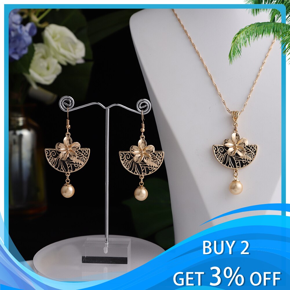 Sophiaxuan Hawaiian Polynesische Sieraden Sets Zwart Sector Plumeria Bloemen Parel Hangers Kettingen En Oorbellen Voor Vrouwen