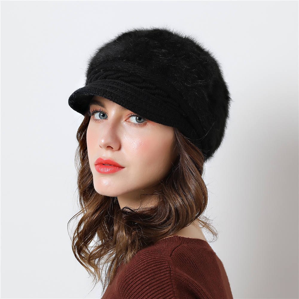Damesmuts gebreide wintermuts voor meisjes pet strik herfst dames baret konijnenhaar: F