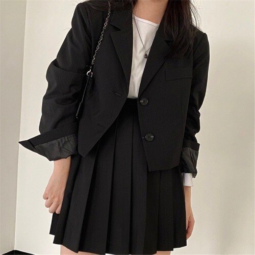 Blazer negro y trajes de falda para mujer, traje de manga larga con solapa a rayas, chaqueta, Falda plisada a la , conjunto de 2 piezas: black 2set