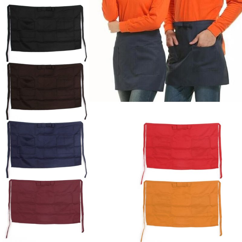 Delantal de media cintura para Bar, Pub, cocina, de algodón, 6 colores, para camarero, camarera