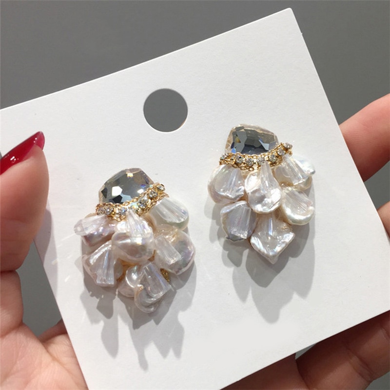 AENSOA japon coréen luxe Baroque à la main perle d'eau douce boucles d'oreilles pour les femmes brillant strass boucles d'oreilles bijoux