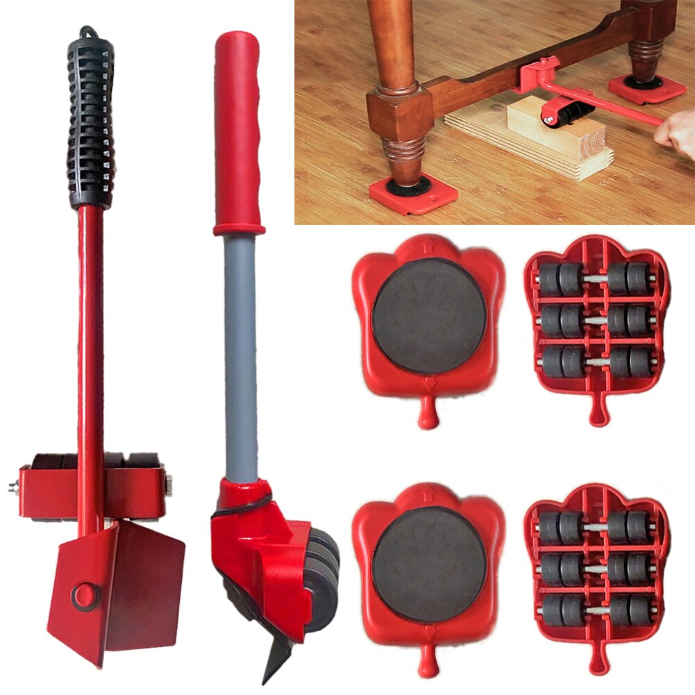 5pcs/set Cat Claw Heavy Furniture Lifter Mover Transport Slides Trolley 1 Pry Bar and 4 Rotary Wheels