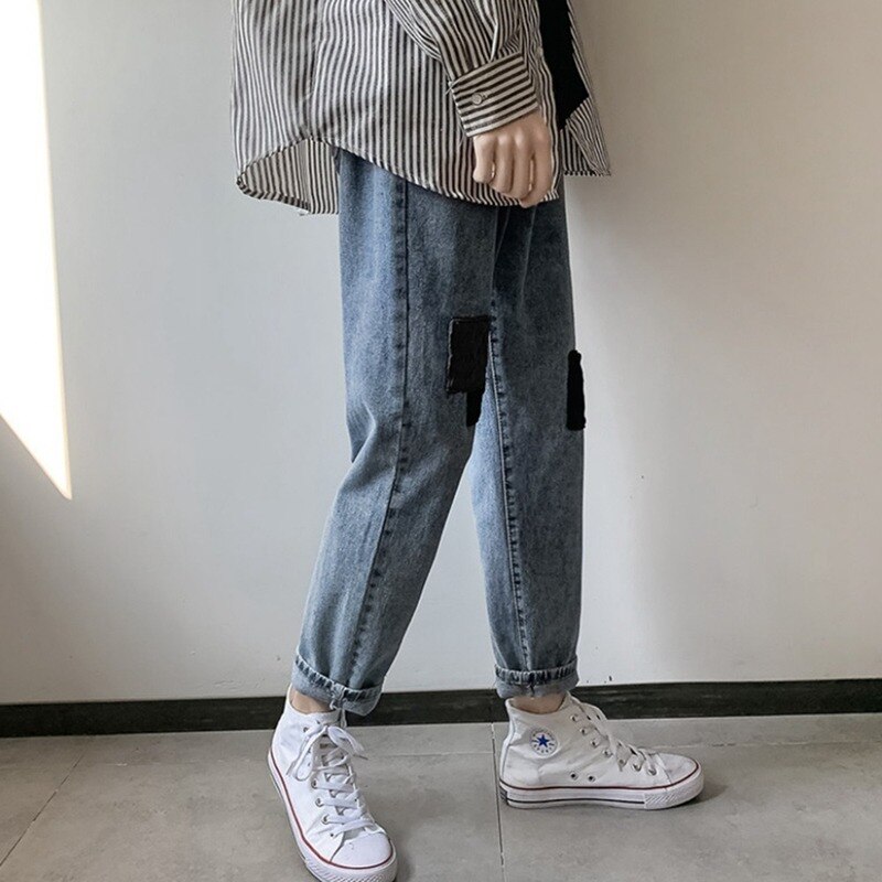 Män jeans lapptäcke ankellängd rak denim trendiga män fritid fast löst matchande cowboybyxor chic retro
