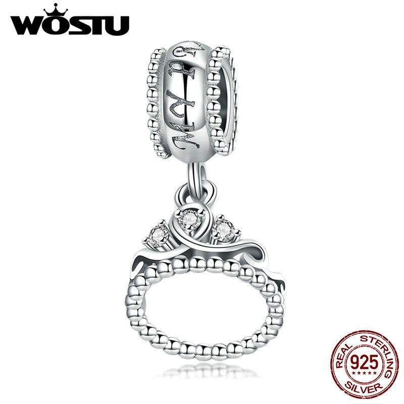 Wostu Echt 925 Sterling Zilveren Romantische Prinses Kroon Dangle Charms Fit Zilveren Armband Ketting Diy Sieraden Maken FIC739