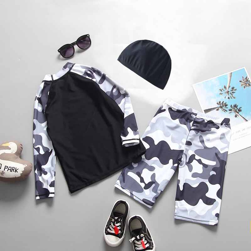 Swimwear for Children Camo Print Long Sleeve Swimsuit for Boys 3 Pieces Toddler Swimming Wear Anti UV Bathing Suit Child Black