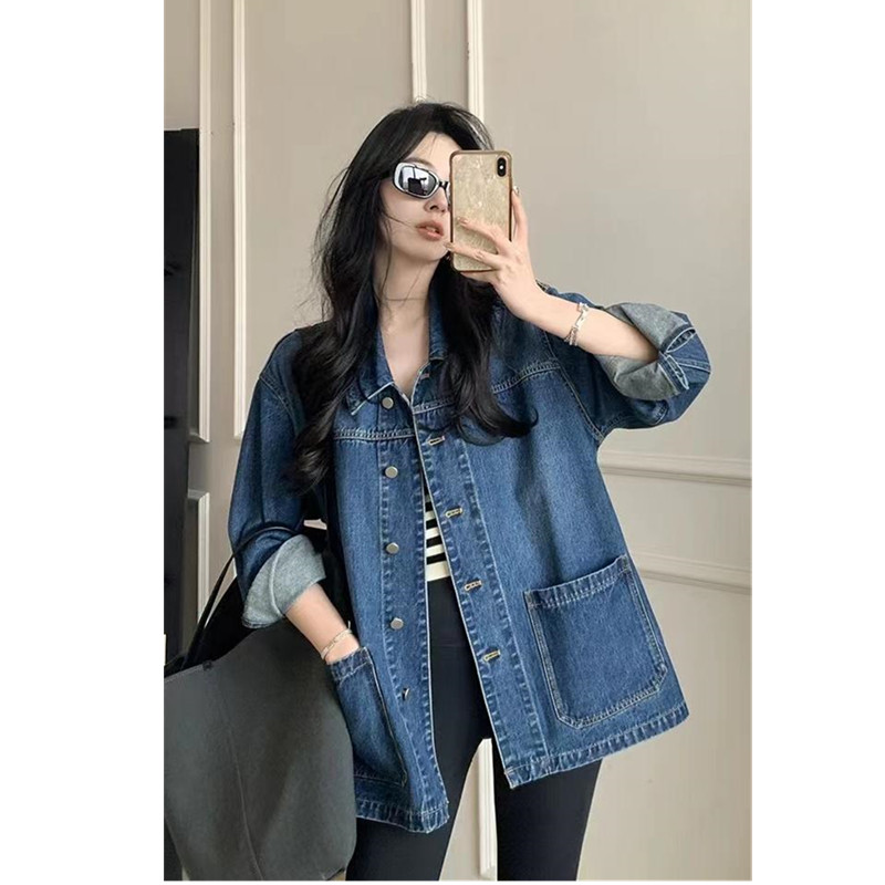 Cropped denimjakke efterår klassisk løs vasket bomuld blå jeansjakke dametøj i overtøj