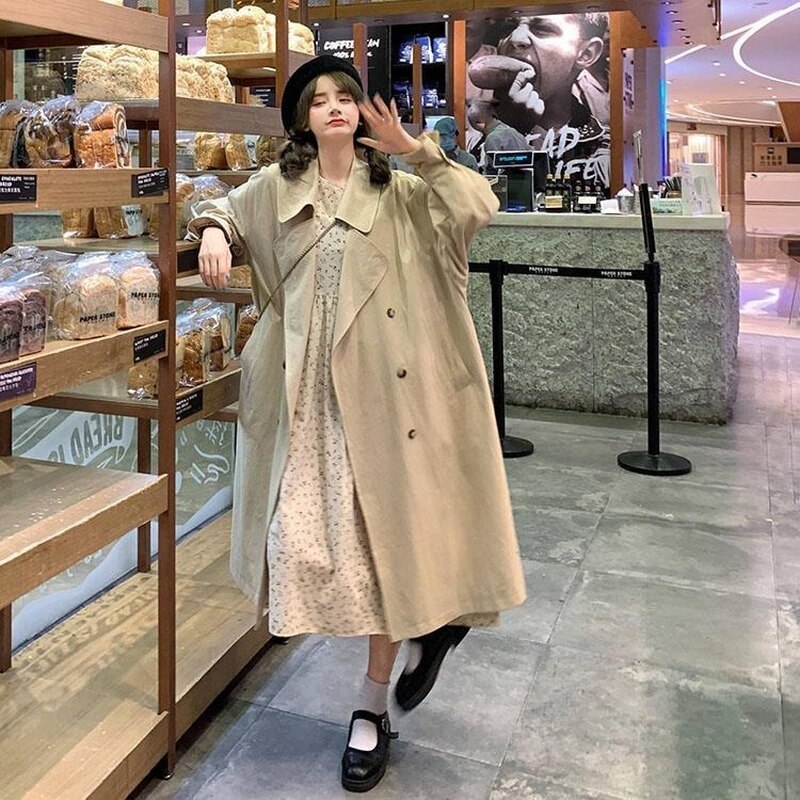Gabardina larga de color caqui para mujer, abrigos encantadores con botones y doble botonadura, prendas de vestir de estilo japonés británico, Chic que combina con todo para primavera