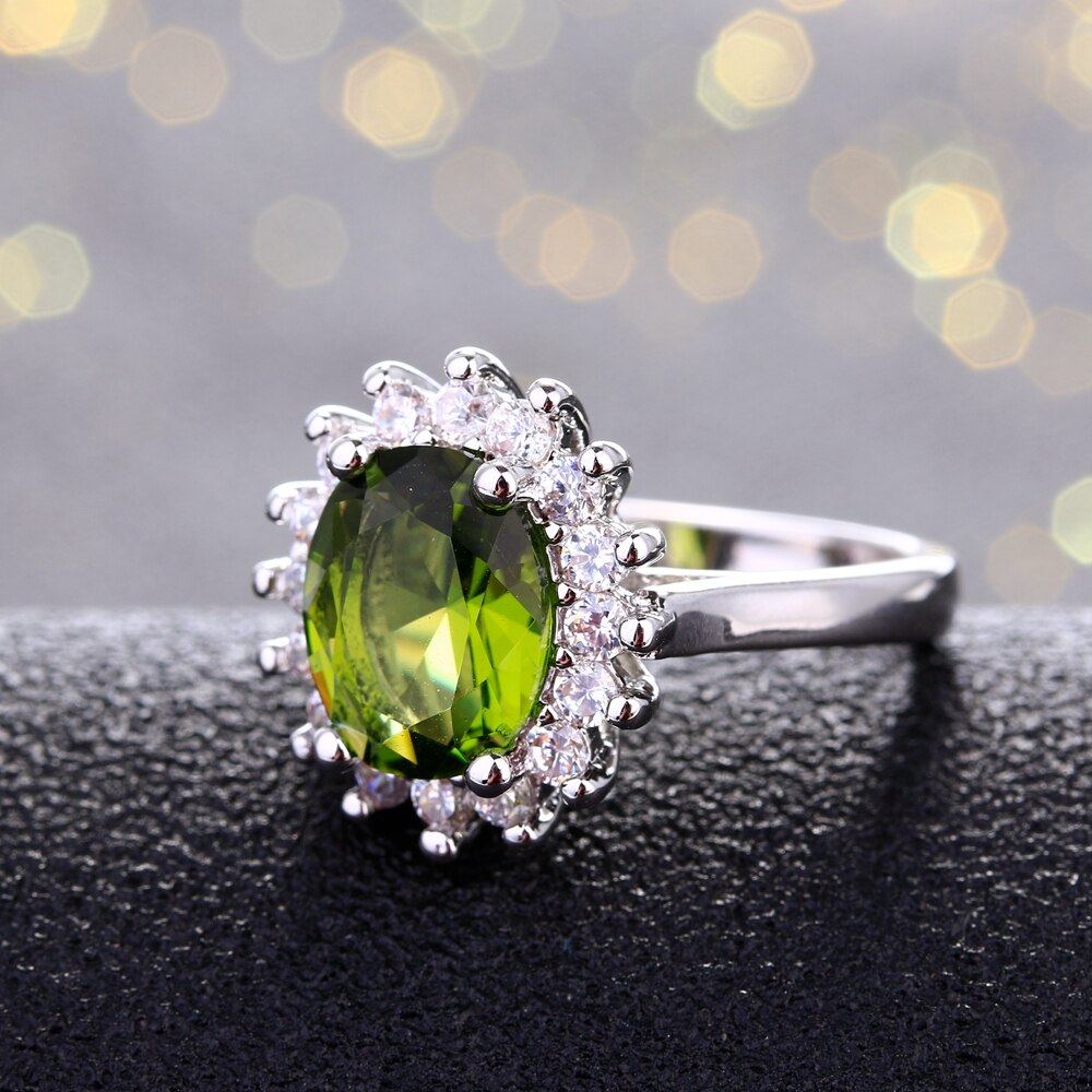 Fiore Anelli D'argento Con Peridot Pietre Brillante di Lusso Monili di Cerimonia Nuziale Anelli Anelli di Fidanzamento Per Le Donne 925 Anello In Vendita