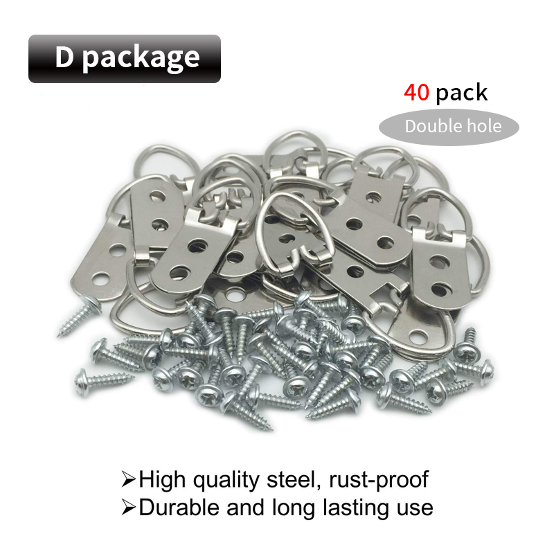 Kit de ganchos de anillo en D de dos formas, 60 piezas, perchas de doble agujero con tornillos, Premium, marco de obra de arte para fotos y pintura colgante: Oro