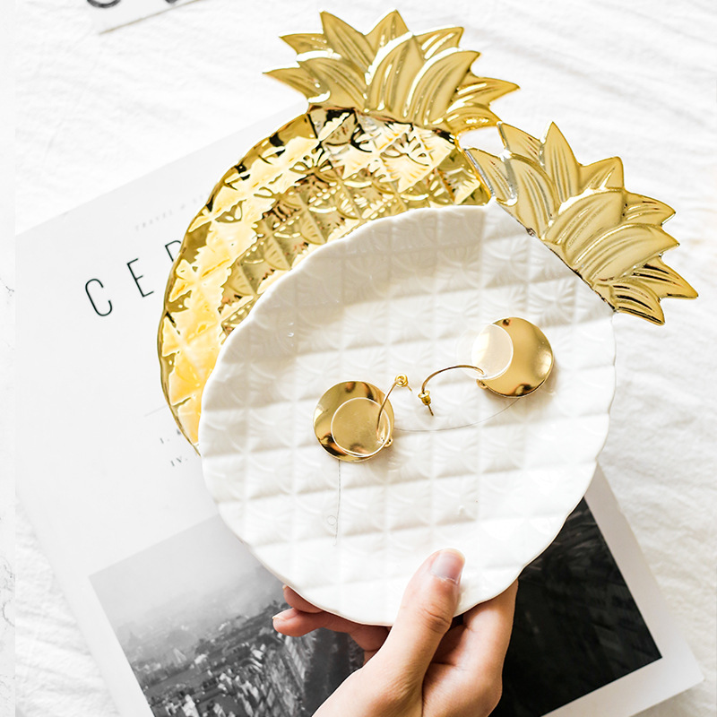 Plateau à Dessert en céramique, feuilles d'ananas, bijoux plat or argent blanc noir boucles d'oreilles anneau assiette décorative bols