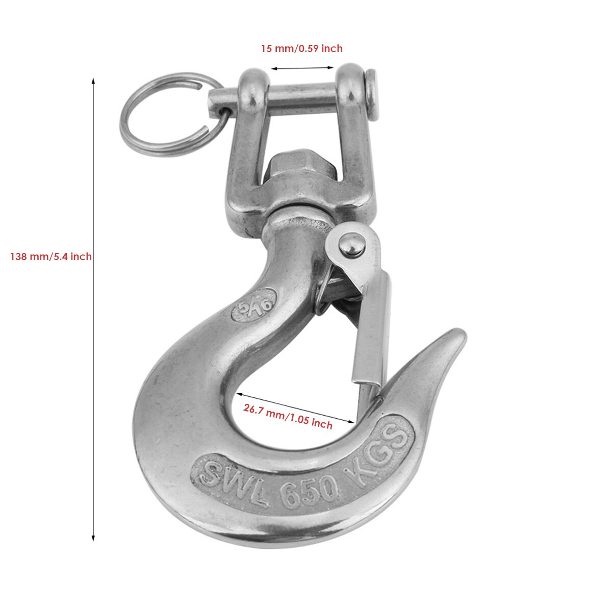 304 Stainless Steel Swivel Eye Clevis Lifting Chain Snap Hook 650KG Working Load Limit 90mm/110mm/138mm: 138mm