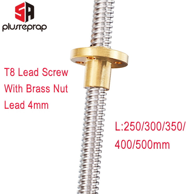 T8 Lead Screw OD 8mm Pitch 2mm Lead 4mm Length 300mm 400mm 500mm Threaded Rods with Brass Nut for Reprap 3D Printer Z Axis