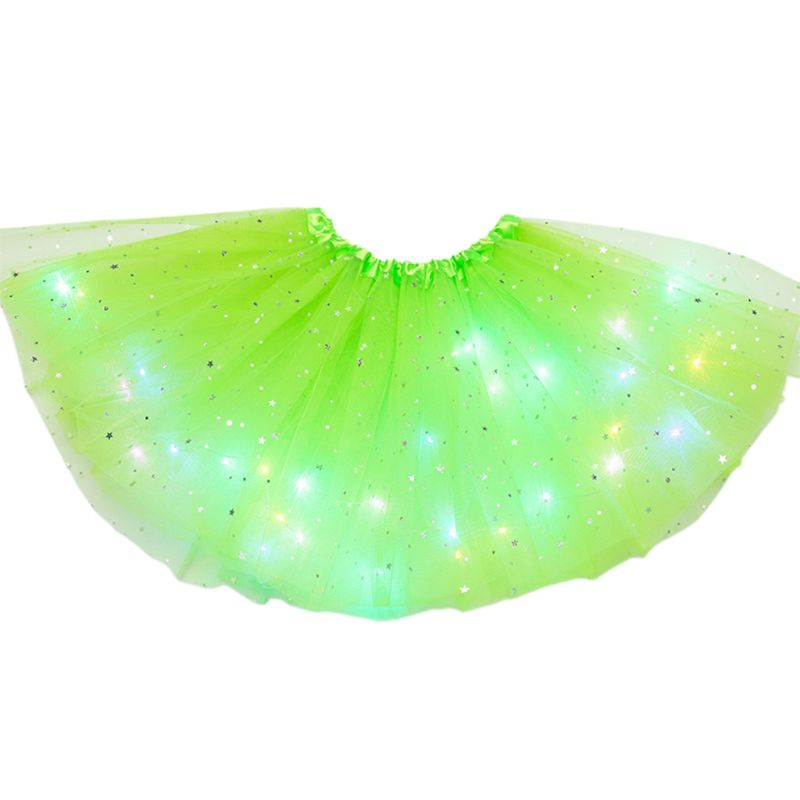 Falda con lentejuelas y estrellas brillantes para niñas, tutú de baile y Ballet con luces LED, Vestido corto de tul en capas de colores neón para escenario y: Fruit Green