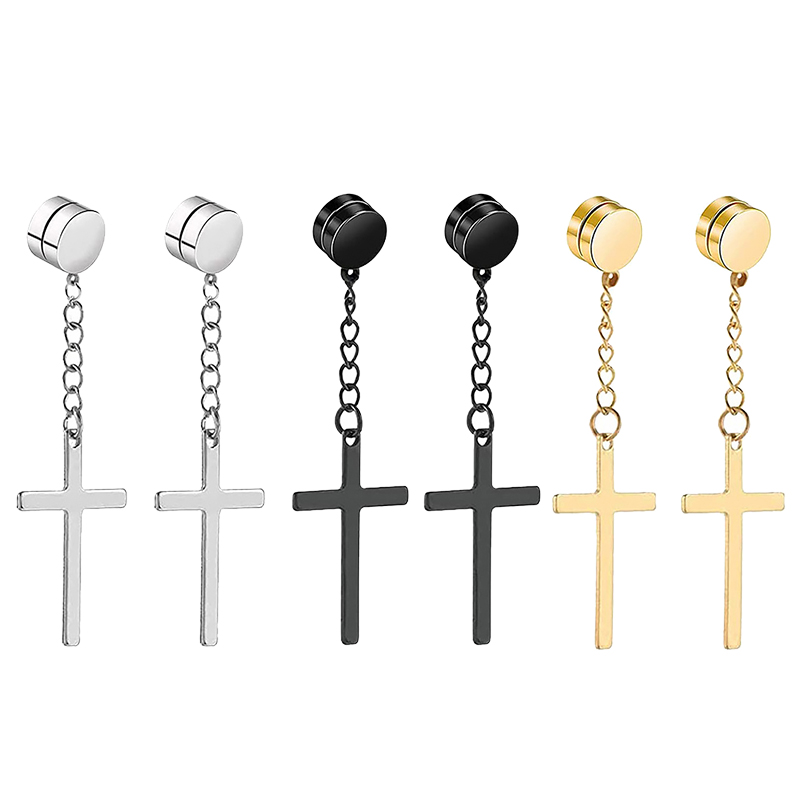 Punk hombres fuerte imán magnético Cruz oreja Stud Set pendientes no Piercing pendientes falsos para novio amante joyería