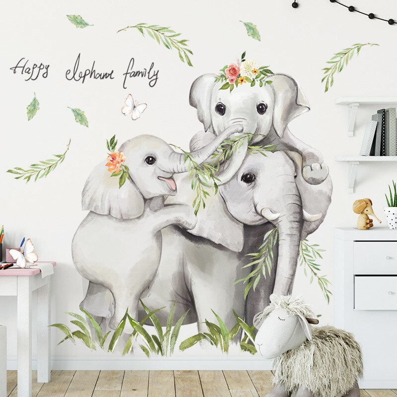 Cartoon Safari Jugle 3 Elephants Family Wall Stickers for Baby Nursery Kids Room Wall Decals PVC Bedroom Home Decor PVC Stickers