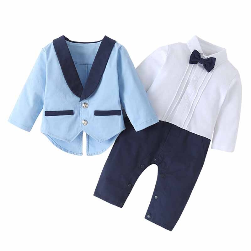 Baby Boys Formal Suits Birthday Wedding Party Dress Set for Gentleman Tuxedo jacket+Bow Tie Jumpsuit 2Pcs Performance Clothes: blue 2213 / 70