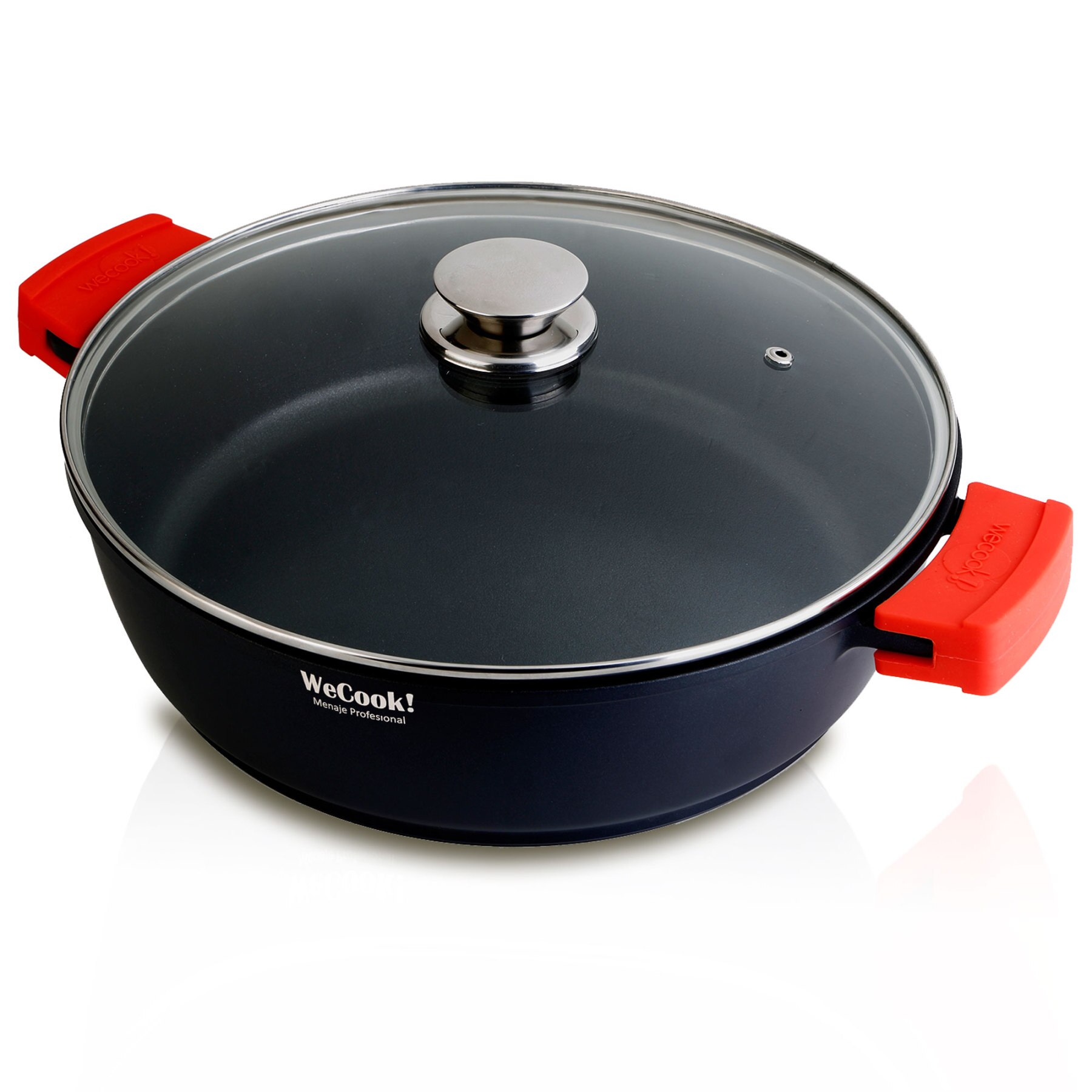 Wecook Ecostone Cazuela Baja Inducción Tapa Cristal 24cm, Antiadherente sin PFOA, Aluminio Fundido, 5mm, 7,5cm alto Negro
