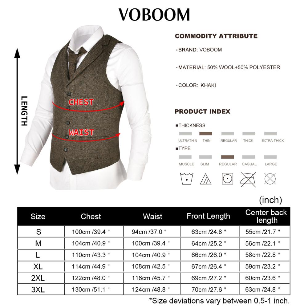VOBOOM Wool Blend Tweed Herringbone Vest Coat Men Khaki Single-Breasted Notched Lapel Waistcoat 018