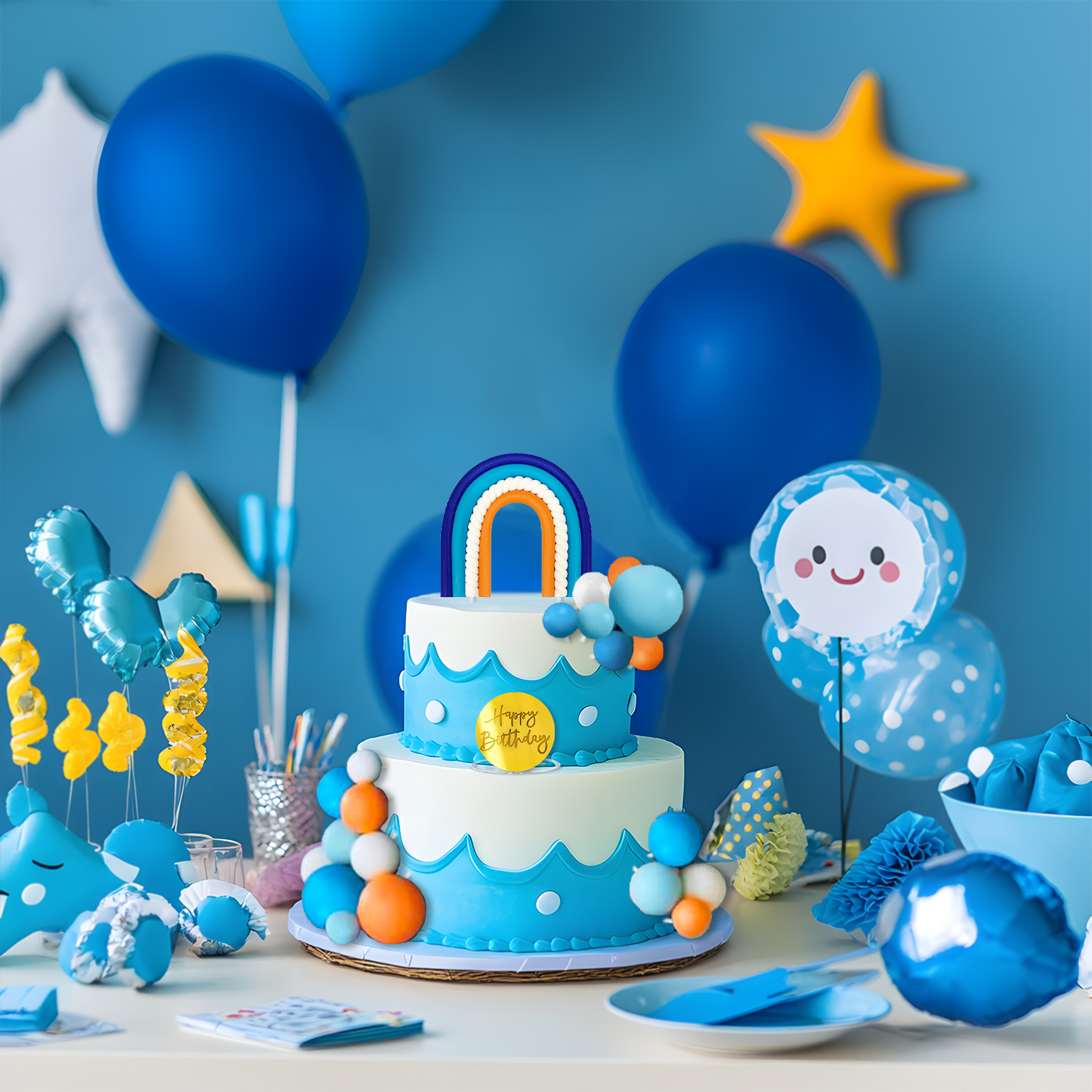 32 stk. blå regnbue kaketopper med blå oransje ball til kjønnsavslørt gutter og jenters bursdag, blått temafest, bryllup