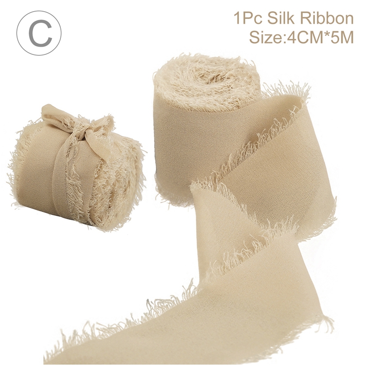 4CM * 5M Nastro di seta chiffon antirughe con bordi sfilacciati fatti a mano per invito a nozze Decorazione da avvolgimento Bouquet da sposa artigianale con frange trasparenti: Colore di zinco antico