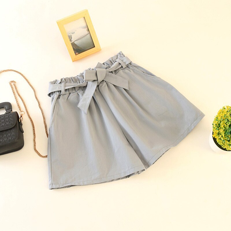 Elastic waist tie bow Loose Cotton shorts Womens summer Korean ruffles wide leg shorts for women wild casual Shorts: Light-blue