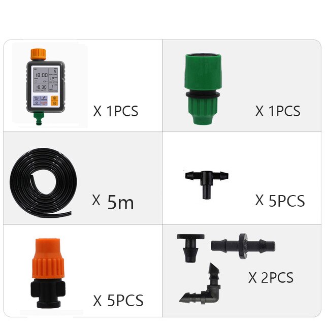 Micro Drip Irrigation System Garden Watering System Adjustable Drippers DIY Kit Irrigation System: 5M and Timer