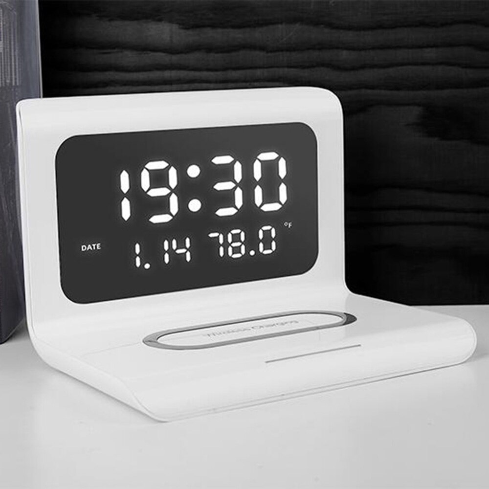 Trådløs oplader digitalt vækkeur 10w qi hurtigopladningsplade desktop home decor termometer kalender til iphone samsung